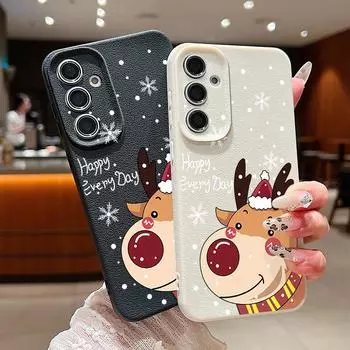 Мягкий силиконовый чехол с рождественским принтом лося для Samsung S24 S22 Ultra Plus S23 S21 S20 Fe A55 A54 A53 A52 A35 A34 A15 A16 с текстурой кожи для защиты объектива Samsung S24 чёрный