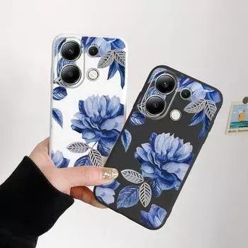 Мягкий силиконовый чехол с синими цветами для Xiaomi Redmi Note 13 Pro 14C Samsung A55 M35 S24 FE iPhone Huawei Honor Realme Camera Защитный противоударный чехол Samsung Galaxy S9 Plus