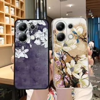 Мягкий силиконовый чехол с винтажным цветком для Xiaomi Redmi Note 13 Pro 14C Samsung A55 M35 S24 FE iPhone Huawei Honor Realme Camera Защитный противоударный чехол Samsung Galaxy S9 Plus