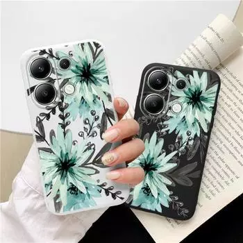Мягкий силиконовый чехол с зеленым цветком для Xiaomi Redmi Note 13 Pro 14C Samsung A55 M35 S24 FE iPhone Huawei Honor Realme Camera Защитный противоударный чехол Samsung Galaxy S9 Plus