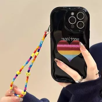 Мягкий силиконовый чехол Zhitai с цепочкой для iPhone 12/14/15/16 Pro - кремовый узор iPhone 14 Plus