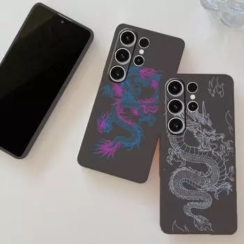 Мягкий силиконовый черный чехол с китайским узором в виде линии Лунга для Xiaomi Redmi Note 13 Pro Samsung A55 A35 M35 S24 iPhone Camera Защитный противоударный чехол Samsung Galaxy S10 4G