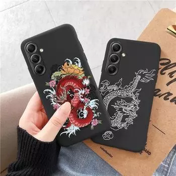 Мягкий силиконовый черный чехол с рисунком Line Chinese Loong для Xiaomi Redmi Note 13 Pro Samsung A55 A35 M35 S24 iPhone Camera Защитный противоударный чехол Samsung Galaxy S10 4G