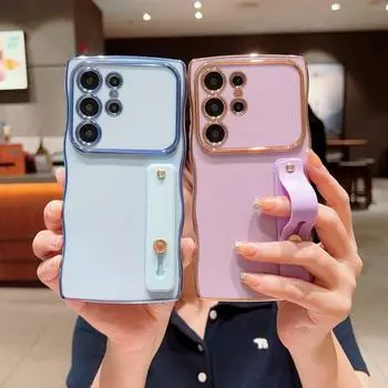 Мягкий силиконовый держатель-подставка, однотонный чехол для Samsung S24 FE S23 S22 Ultra A55 A54 A16 A35 A15 A34 A14, противоударный глянцевый чехол для телефона из ТПУ Samsung S25 чёрный