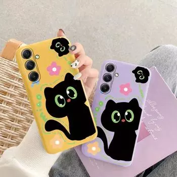Мягкий силиконовый матовый чехол с милым мультяшным котом для Samsung Galaxy A55 A35 A34 A15 S23 S24 FE S23 S25 M35 M34, противоударный чехол-бампер для телефона с защитой от царапин Samsung Galaxy S9 Plus чёрный