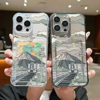 Мягкий силиконовый прозрачный чехол для телефона с отделением для карт для iPhone 16 Pro 15 14 13 Pro Max 12 11 с узором Fujiyama, противоударный, однотонный чехол для защиты линз iPhone 16 серый