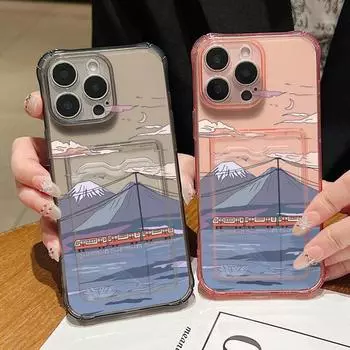 Мягкий силиконовый прозрачный чехол для телефона с отделением для карт для iPhone 16 Pro 15 14 13 Pro Max 12 11 с рисунком Фудзиямы, противоударный защитный чехол для объектива iPhone 15 серый