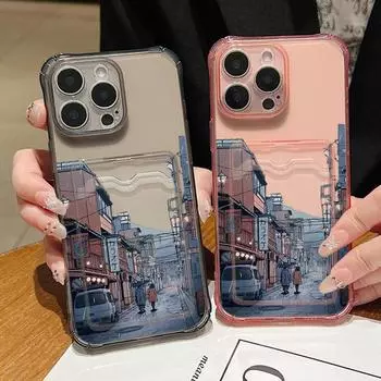 Мягкий силиконовый прозрачный чехол для телефона с отделением для карт для iPhone 16 Pro 15 14 13 Pro Max 12 11 с городским узором, противоударный, однотонный чехол для защиты линз iPhone 16 серый