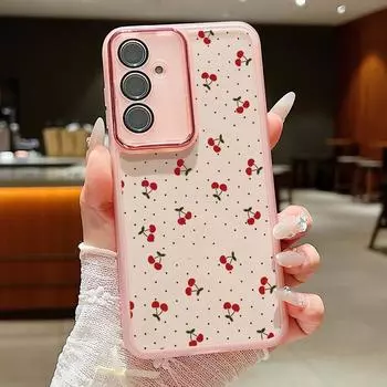 Мягкий силиконовый прозрачный чехол с принтом вишни для Samsung S25 Ultra S24 FE S23 Plus A36 A56 A16 A55 A15 A26, защитная пленка для объектива, противоударный тонкий чехол для телефона Samsung S25 чёрный/красный
