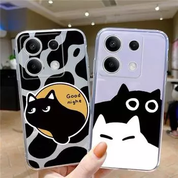 Мягкий силиконовый прозрачный чехол с рисунком черного кота для Xiaomi Redmi Note 13 Pro Poco Samsung A55 A54 A34 A15 S24 M35 iPhone 11 12 13 14 15 противоударный чехол Samsung Galaxy S20 FE