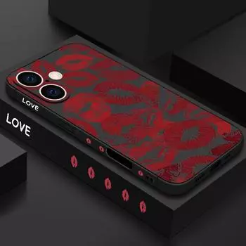 Мягкий силиконовый тонкий чехол с принтом красных губ для iPhone 16 Pro Max 15 Pro 14 13 12 11 TPU с защитой объектива, противоударным матовым чехлом для телефона iPhone 16 чёрный