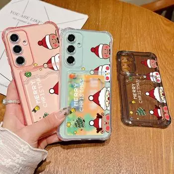 Мягкий силиконовый тонкий чехол с рождественским принтом Санты для Samsung S24 FE S23 Ultra A55 A16 A54 A35 с прозрачным слотом для карт, противоударный прозрачный чехол для телефона Samsung S24 серый