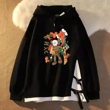 Мягкий свитер большого размера, женский осенне-зимний теплый свитер из двух частей с капюшоном и мультяшным рисунком, повседневные спортивные универсальные пуловеры, топы M