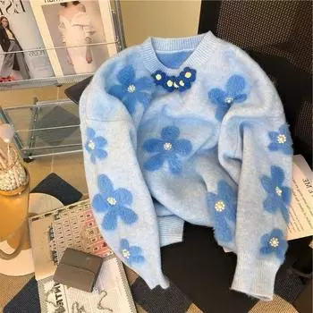 Мягкий свитер из искусственного соболя для женщин, модный на осень и зиму, с бусинами и цветами, в стиле иностранного вязания, женский, удобный и универсальный one size розовый