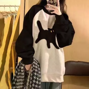 Мягкий свитер, женский осенне-зимний свободный пуловер с круглым вырезом и котом, удобные повседневные универсальные топы M