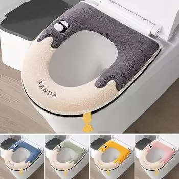 Мягкий теплый чехол на сиденье для унитаза с рисунком панды, дизайн пуговиц с вышивкой, утолщенный, удобный, противоскользящий, мягкий, моющийся в ванной комнате, подушка для унитаза розовый