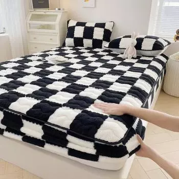 Мягкий теплый плюшевый защитный чехол для матраса, зимний защитный чехол для пары 2 человек, черно-белый плед, эластичная простыня, защитная накладка для кровати 120x200x30cm 1pc