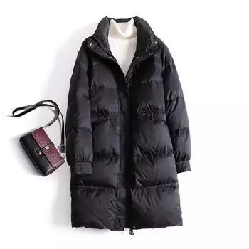 Мягкий теплый пуховик женский 2024 новый средний и длинный с капюшоном приталенный модный иностранный белый пуховик на утином пуху S хаки