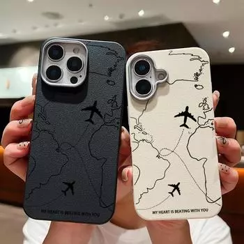 Мягкий тонкий чехол для телефона из ТПУ с принтом в виде маршрута самолета для iPhone 16 Pro 15 Pro Max 14 13 12 11 с текстурой кожи, противоударный матовый чехол на заднюю панель iPhone 16 серый