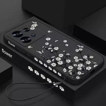 Мягкий тонкий чехол с принтом цветов и бабочек для Xiaomi 13T Poco X6 F6 X5 Redmi Note 13 12 11 Pro 10, защита объектива, противоударный силиконовый чехол для телефона с ремешком Redmi Note 13 4G чёрный