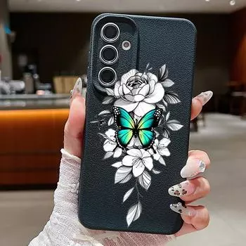 Мягкий тонкий чехол TPU с рисунком бабочки для Samsung S25 S24 FE S23 Ultra S22 S21 A16 A56 A36 A55 A15 с текстурой кожи, противоударный матовый чехол для телефона Samsung S25 чёрный
