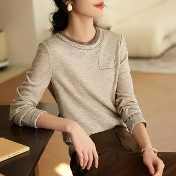 Мягкий весенний универсальный базовый топ, новый женский простой однотонный круглый вырез, тонкий пуловер, футболка с длинными рукавами S