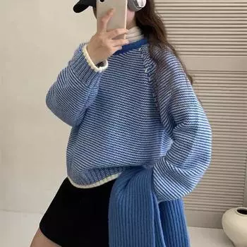 Мягкий вощеный свитер в контрастную полоску, женский, осенне-зимний, утолщенный, высококачественный корейский вариант свободного свитера-пуловера One size синий
