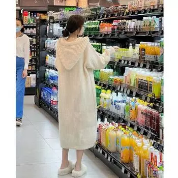 Мягкий восковой ленивый ветер свитер с капюшоном трикотажное платье женское осень и зима пожилой чувство колена свитер юбка one size fits all абрикосовый