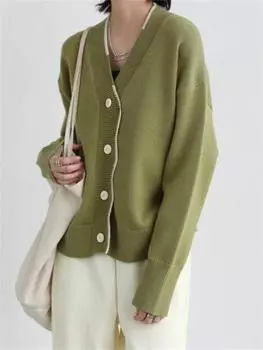 Мягкий восковой приятный для кожи игривый замедляющий старение свободный V-образный вырез волнистая планка длинный рукав универсальный темпераментный вязаный кардиган женский One Size чёрный