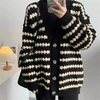Мягкий восковой ретро-стиль полосатый жаккардовый вязаный кардиган женский осень-зима новый свитер свободное пальто ленивый топ one size fits all чёрный