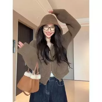 Мягкий вязаный кардиган с капюшоном, теплая женская однотонная куртка с двойной молнией в стиле ретро, короткий свитер на осень и зиму S