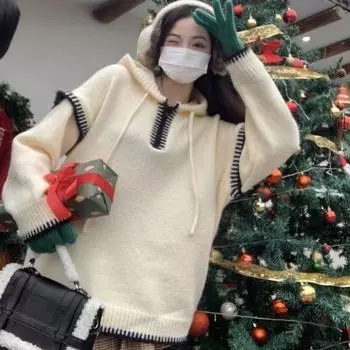 Мягкий вязаный свитер с капюшоном и половиной молнии, пуловер на осень и зиму, женский свободный и стильный дизайн, свитер с длинными рукавами, женские топы One Size розовый