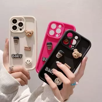 Мягкий защитный чехол для iPhone XS Max/14/15 Pro с изображением кофейного медведя и смайлика iPhone12PRO
