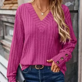 Мягкий женский трикотажный свитер с V-образным вырезом, повседневный свитер с длинным рукавом, зимняя рубашка S темно-синий