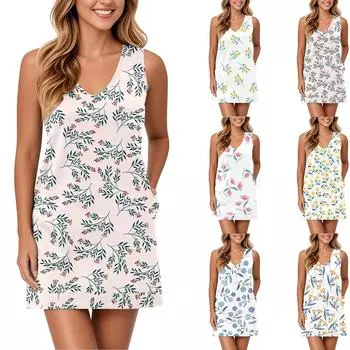 Мягкое платье-майка с V-образным вырезом для женщин, сарафан без рукавов, повседневное свободное летнее платье с карманом XXL бежевый