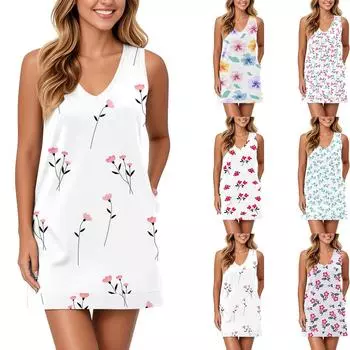 Мягкое платье-майка с V-образным вырезом для женщин, сарафан без рукавов, повседневное свободное летнее платье с карманом S бежевый