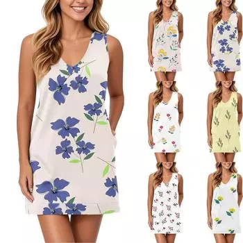 Мягкое платье-майка с V-образным вырезом для женщин, сарафан без рукавов, повседневное свободное летнее платье с карманом XL