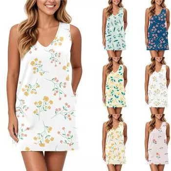 Мягкое платье-майка с V-образным вырезом для женщин, сарафан без рукавов, повседневное свободное летнее платье с карманом S хаки