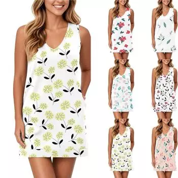 Мягкое платье-майка с V-образным вырезом для женщин, сарафан без рукавов, повседневное свободное летнее платье с карманом M