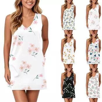 Мягкое платье-майка с V-образным вырезом для женщин, сарафан без рукавов, повседневное свободное летнее платье с карманом L бежевый