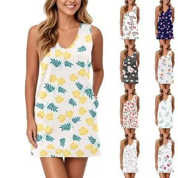 Мягкое платье-майка с V-образным вырезом для женщин, сарафан без рукавов, повседневное свободное летнее платье с карманом XXL