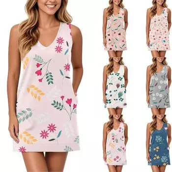 Мягкое платье-майка с V-образным вырезом для женщин, сарафан без рукавов, повседневное свободное летнее платье с карманом M