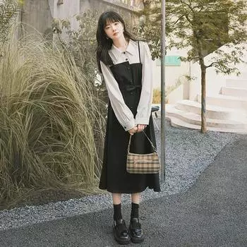 Мягкое платье-рубашка-поло, женское осеннее винтажное платье миди в консервативном стиле с длинными рукавами и поясом, школьная одежда для студентов S чёрный