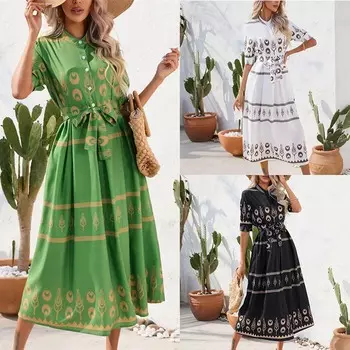 Мягкое платье в национальном стиле, женская одежда, рукав до локтя, принт, лето S белый