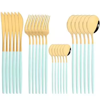 Мятно-золотой 6/24P Цветной набор столовых приборов Набор столовых приборов Нож Вилка Ложка Столовые приборы Чайная ложка Столовые приборы из нержавеющей стали Кухонное серебро серебряный