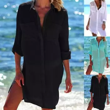 Мятая ткань с двумя карманами и скрытыми пуговицами, куртка-бикини, рубашка, купальник, женский купальник One Size чёрный