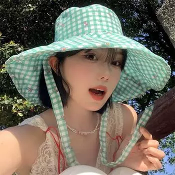 Мятно-зеленая клетчатая шляпа-ведро с ремешком, женская весенне-летняя, цветочная, с большими полями, шляпа от солнца M56-58cm