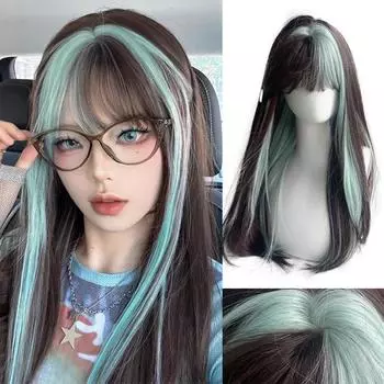 Мятно-зеленые пряди, прямые волосы, синтетический парик, женский, тонкий, легкий и гладкий, прямая челка, длинный прямой праздничный парик 65cm