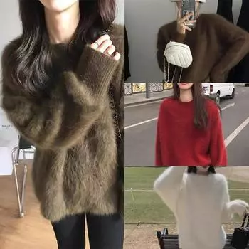 Мятно-зеленый круглый вырез свитер из искусственной норки женский свободный вязаный свитер премиум-класса One Size