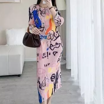 Мятое модное женское платье с принтом, новое осеннее платье в стиле вестерн с круглым вырезом и рукавами 3/4, облегающее платье средней длины M бежевый